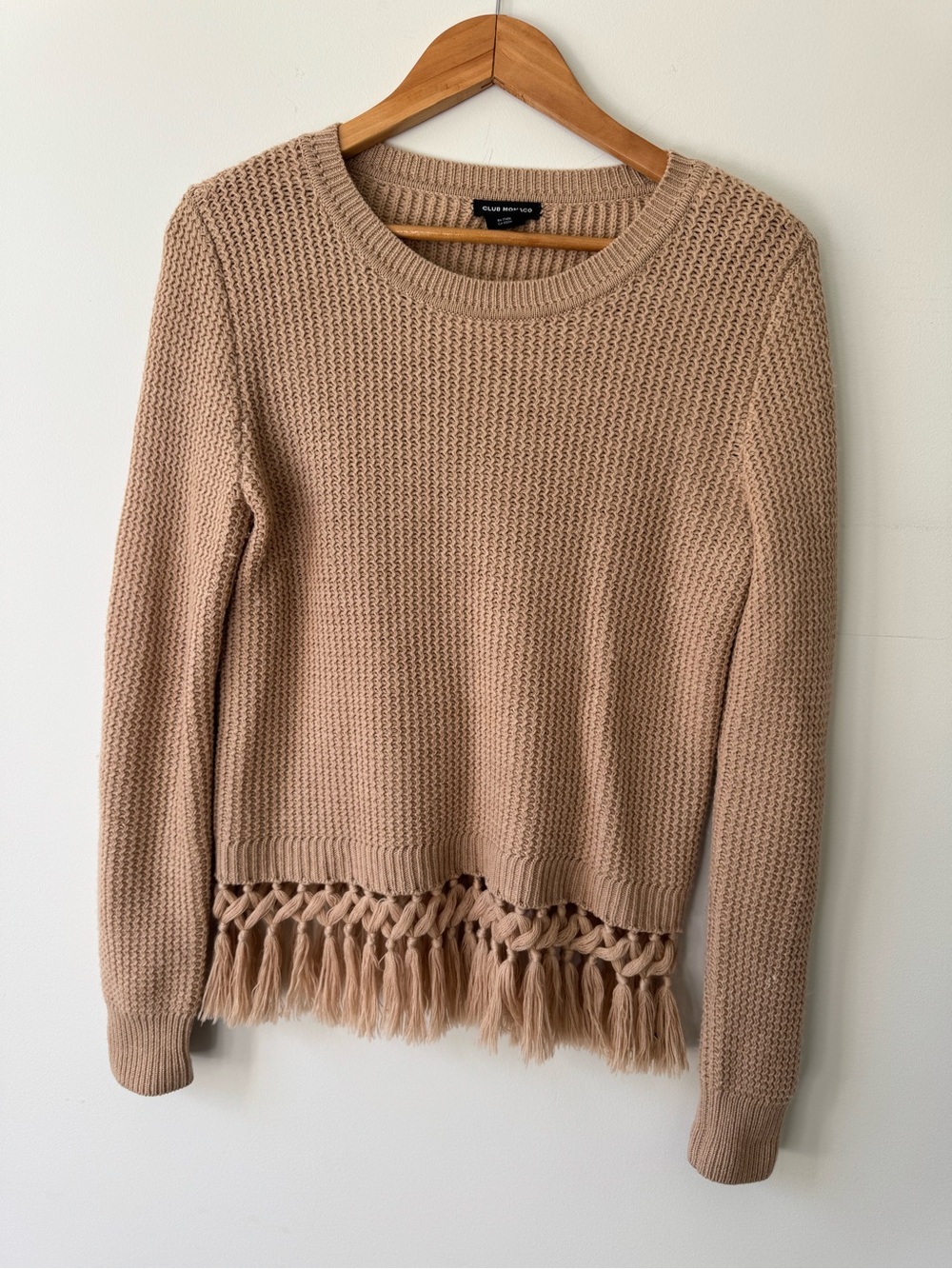 Club Monaco Taupe Knit Crewneck Sweater with Fringe Hem